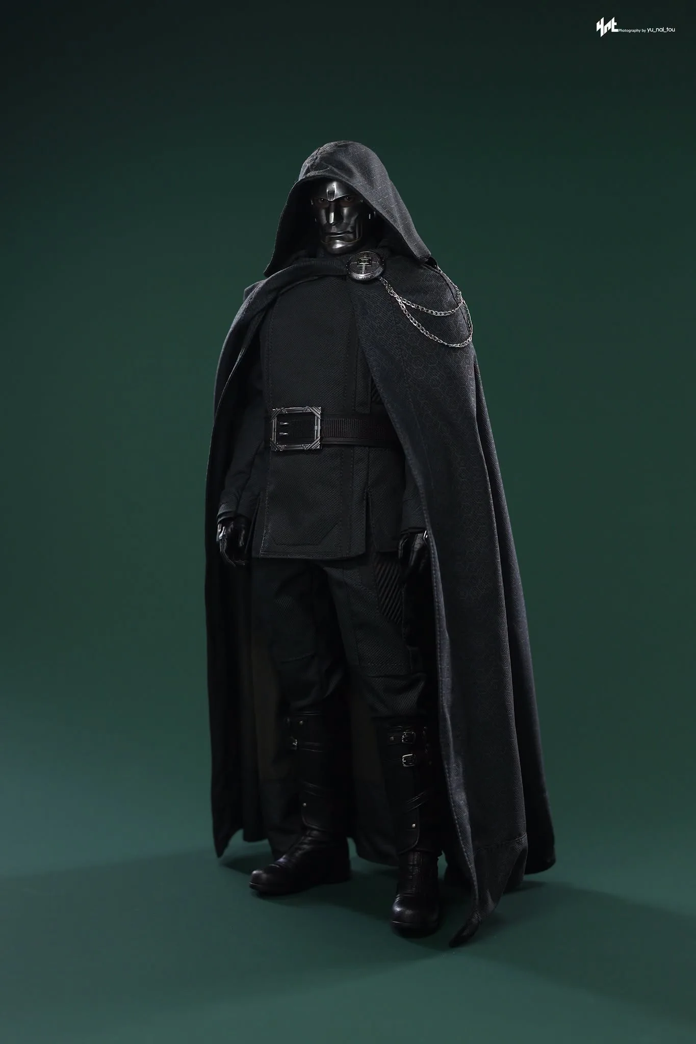 Final production review photo of Hot Toys Victor Von Doom showing the long boots and outfit from a side angle.