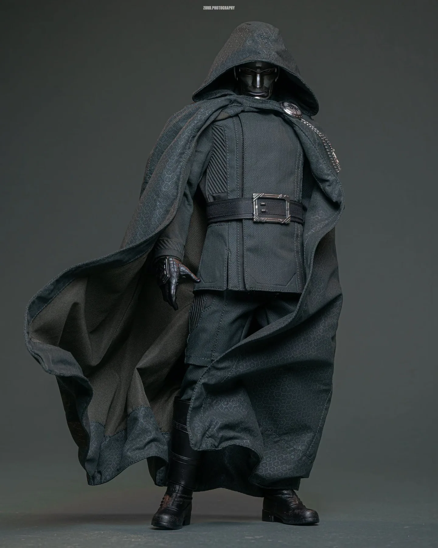 Final production review photo of Hot Toys Victor Von Doom showing the wired cloak spread away from the body.