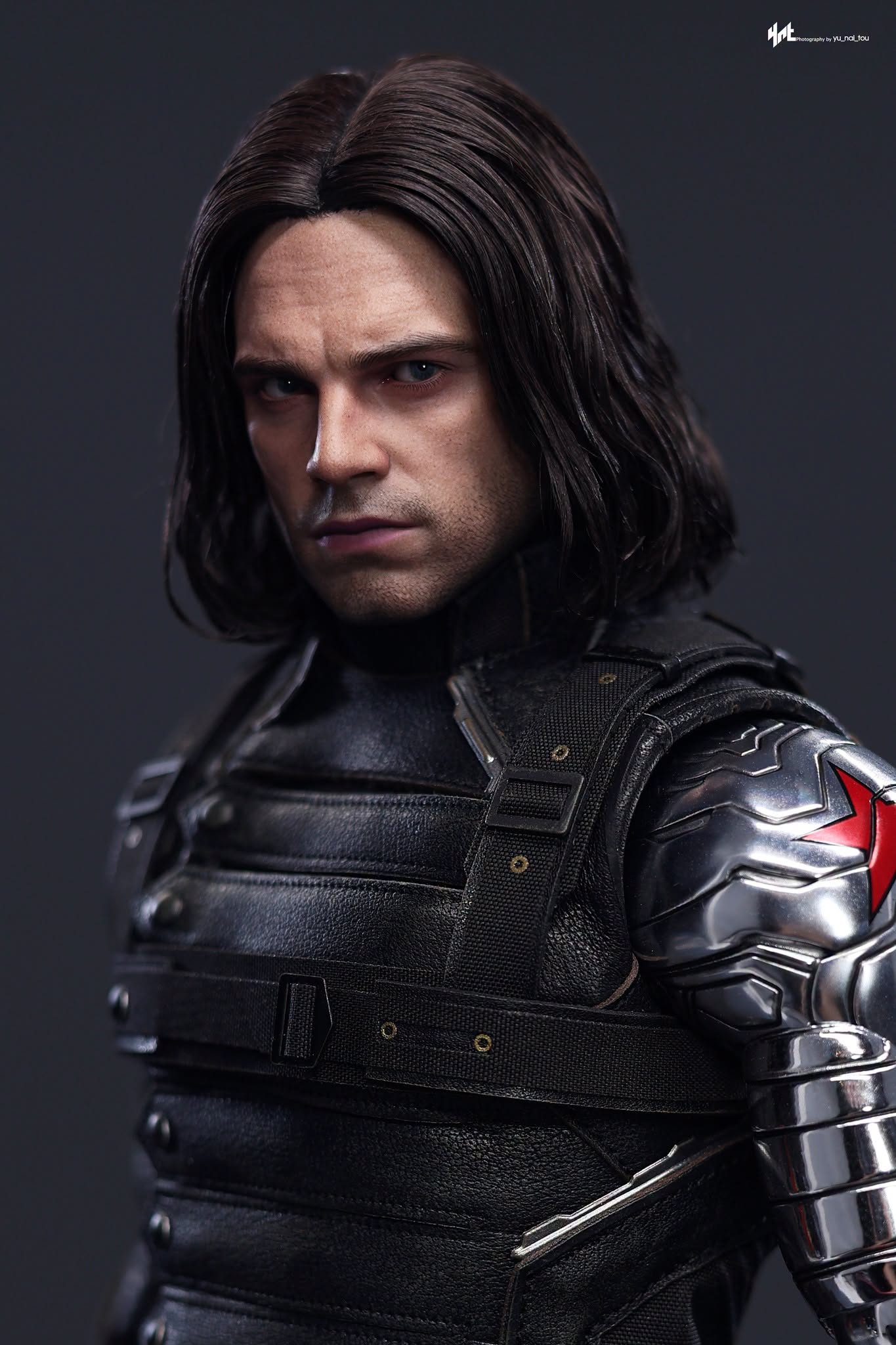 Final production review photo of Hot Toys Winter Soldier Artisan showing the Sebastian Stan head sculpt and rooted hair.