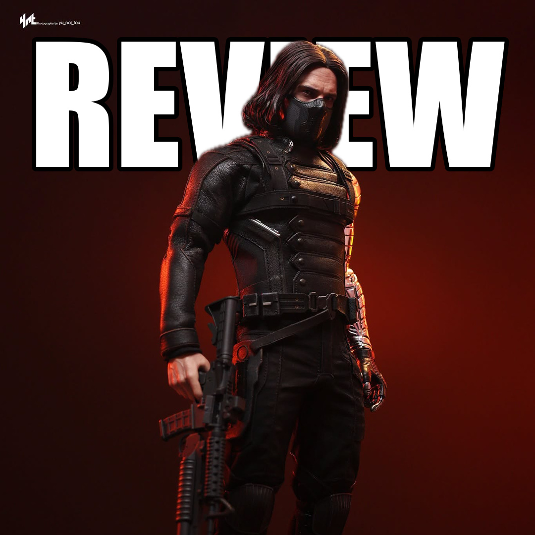 Hot Toys Winter Soldier Artisan masked figure against a red background with REVIEW lettering behind him.