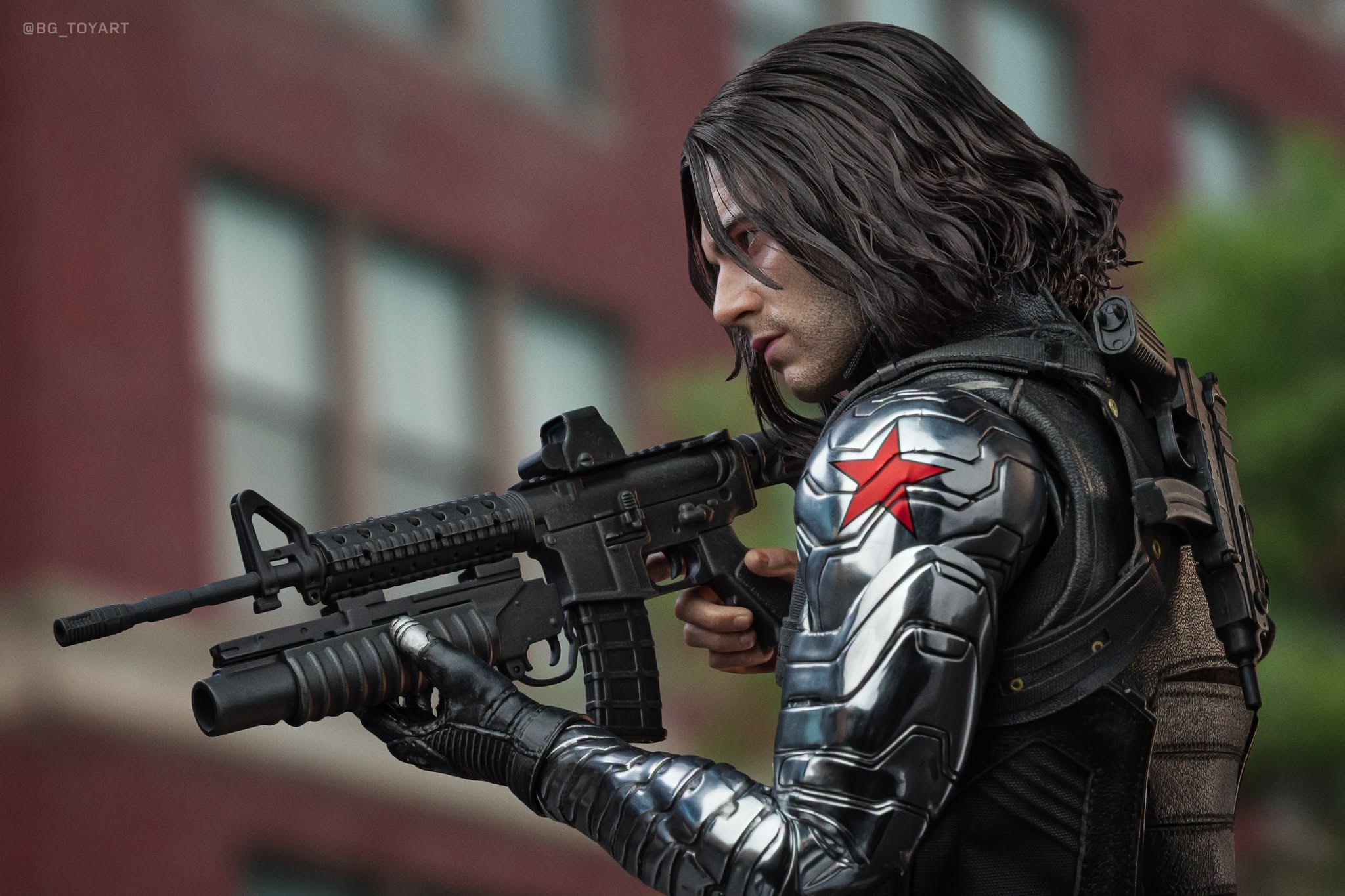 Final production review photo of Hot Toys Winter Soldier Artisan showing Bucky holding the included rifle.