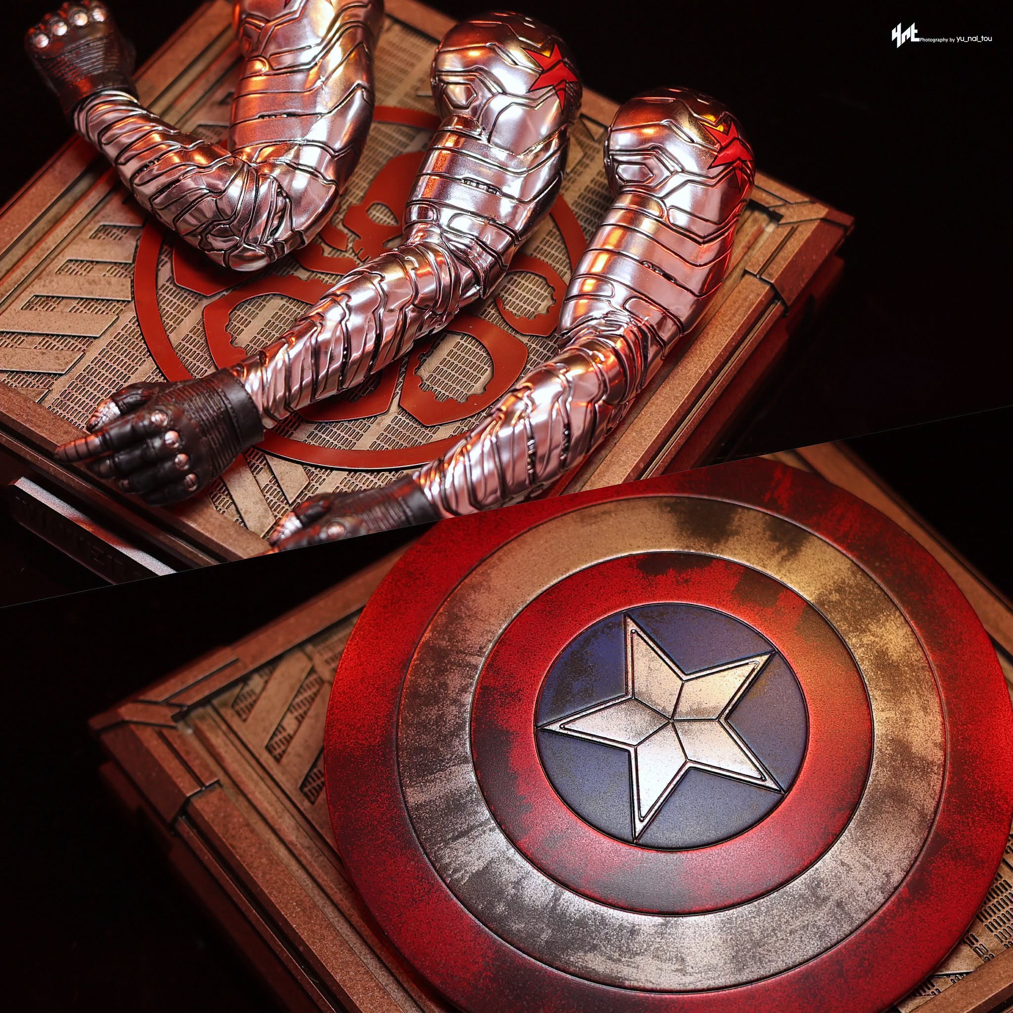 Final production review photo of Hot Toys Winter Soldier Artisan showing the alternate arms and Special Edition Captain America shield.
